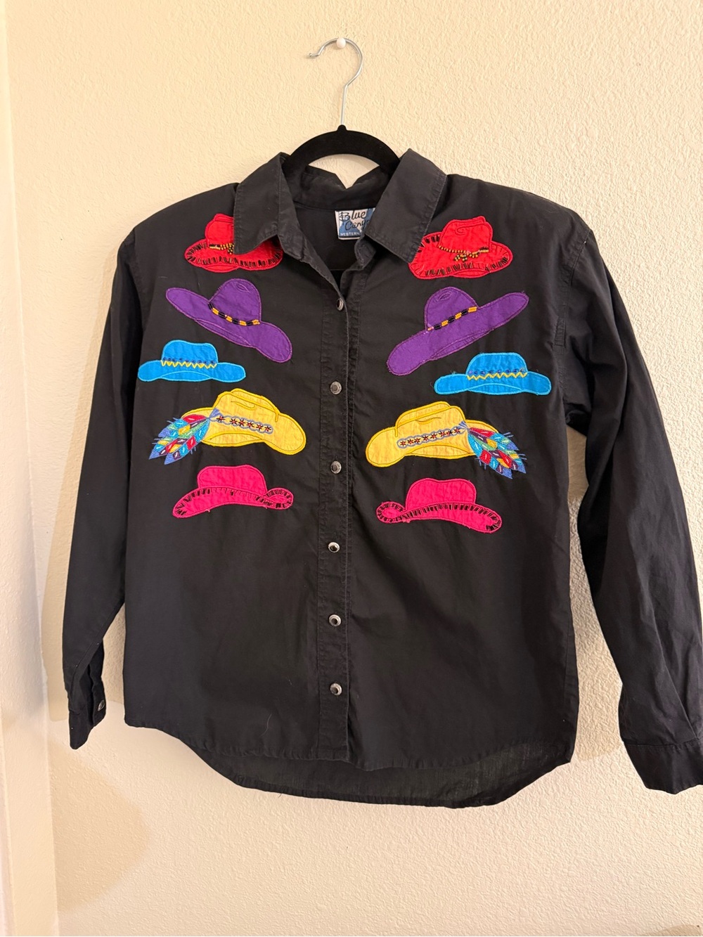 Black Embroidered Hat Appliqué Button-Up Blouse
